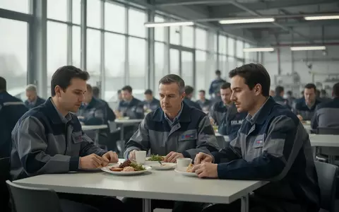 Mitarbeiter in Arbeitskleidung beim Mittagessen in einer hellen, modernen Betriebskantine. - Foto: über boerse-global.de