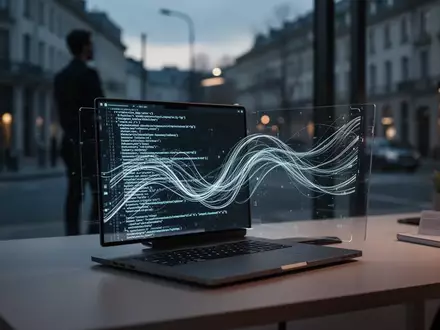 Ein Laptop steht auf einem Schreibtisch in einem modernen Büro bei Dämmerung, im Hintergrund ist schemenhaft eine Stadtansicht zu sehen. - Foto: über boerse-global.de