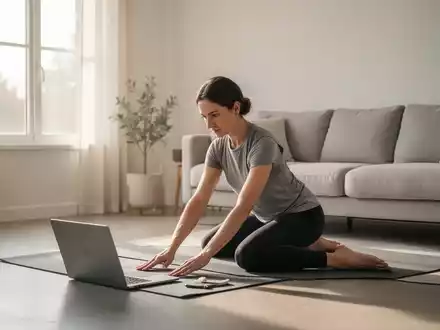 Eine Person praktiziert Yoga vor einem Laptop in einem hellen Wohnzimmer, um Übungen gegen Rückenschmerzen durchzuführen. - Foto: über boerse-global.de