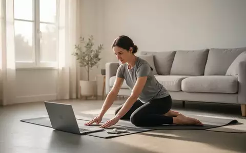 Eine Person praktiziert Yoga vor einem Laptop in einem hellen Wohnzimmer, um Übungen gegen Rückenschmerzen durchzuführen. - Foto: über boerse-global.de
