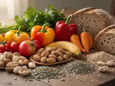Ein hölzerner Tisch mit frischem Gemüse, Nüssen, Samen und Vollkornbrot als Symbol für eine herzgesunde Ernährung. - Foto: über boerse-global.de