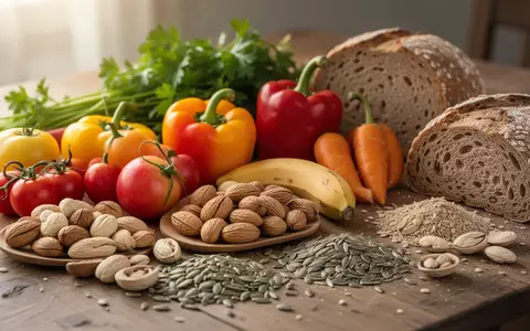 Ein hölzerner Tisch mit frischem Gemüse, Nüssen, Samen und Vollkornbrot als Symbol für eine herzgesunde Ernährung. - Foto: über boerse-global.de
