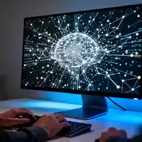 Ein moderner Computerbildschirm in einem abgedunkelten Büro zeigt abstrakte Datenströme, die KI-Prozesse symbolisieren. - Foto: über boerse-global.de
