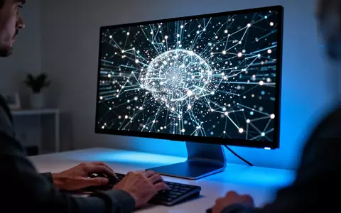 Ein moderner Computerbildschirm in einem abgedunkelten Büro zeigt abstrakte Datenströme, die KI-Prozesse symbolisieren. - Foto: über boerse-global.de