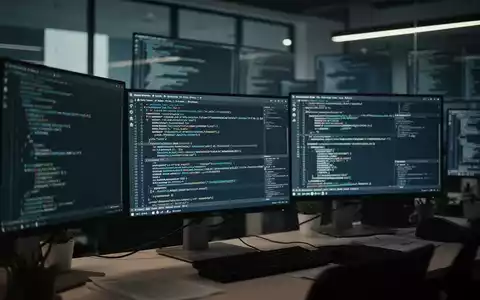 Mehrere Computerbildschirme mit komplexen Datenströmen und Programmcode in einem professionellen Büro. - Foto: über boerse-global.de