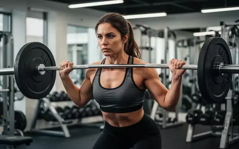 Eine fokussierte Sportlerin beim Krafttraining in einem modernen Fitnessstudio, umgeben von Hanteln. - Foto: über boerse-global.de