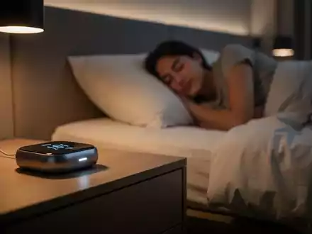 Ein minimalistisches Schlafzimmer bei Nacht mit einem modernen, technologischen Gerät zur Schlafüberwachung auf dem Nachttisch. - Foto: über boerse-global.de