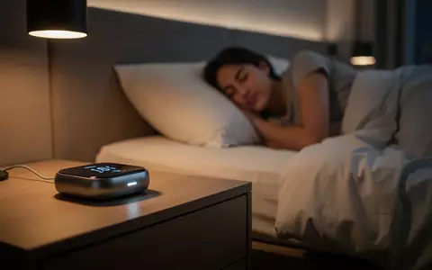 Ein minimalistisches Schlafzimmer bei Nacht mit einem modernen, technologischen Gerät zur Schlafüberwachung auf dem Nachttisch. - Foto: über boerse-global.de