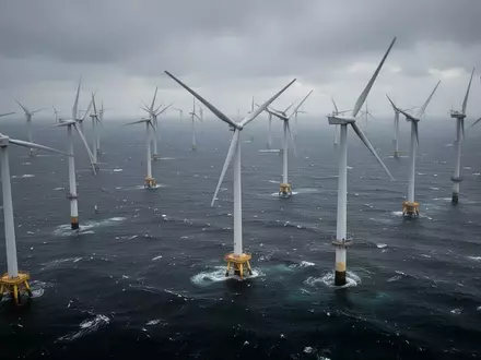 Mehrere große Windkraftanlagen in einem Offshore-Windpark auf hoher See bei bewölktem Himmel. - Foto: über boerse-global.de