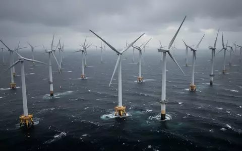 Mehrere große Windkraftanlagen in einem Offshore-Windpark auf hoher See bei bewölktem Himmel. - Foto: über boerse-global.de