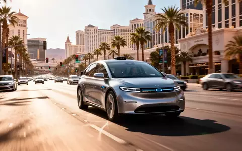 Ein modernes autonomes Fahrzeug fährt bei Tageslicht auf einer breiten Straße in Las Vegas. - Foto: über boerse-global.de