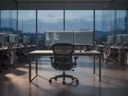Ein leeres, modernes Redaktionsbüro in der Dämmerung mit unbesetzten Schreibtischen und Computerbildschirmen. - Foto: über boerse-global.de