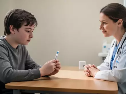 Eine Person mit Lernbehinderung übt den Umgang mit einem Insulin-Pen unter unterstützender Beobachtung einer Fachkraft. - Foto: über boerse-global.de