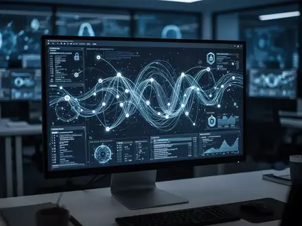 Ein Computerbildschirm zeigt komplexe Datenvisualisierungen von Blockchain-Transaktionen in einem abgedunkelten Büro. - Foto: über boerse-global.de