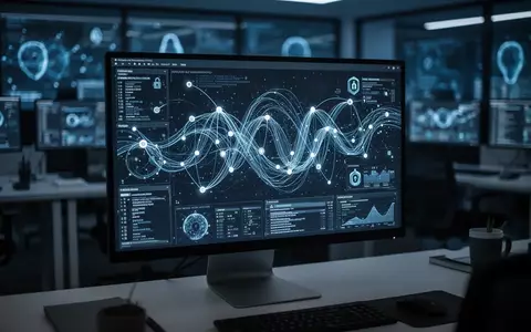 Ein Computerbildschirm zeigt komplexe Datenvisualisierungen von Blockchain-Transaktionen in einem abgedunkelten Büro. - Foto: über boerse-global.de
