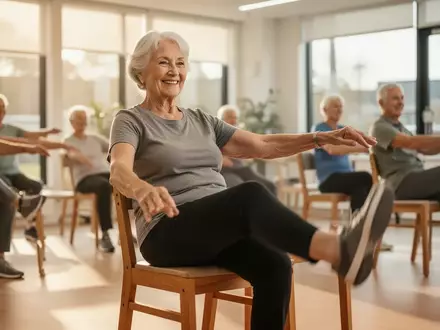 Eine Seniorin nimmt an einer Stuhlgymnastikgruppe in einem hellen Raum teil, um ihre Beweglichkeit zu trainieren. - Foto: über boerse-global.de