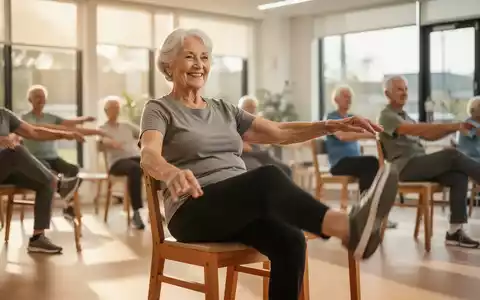 Eine Seniorin nimmt an einer Stuhlgymnastikgruppe in einem hellen Raum teil, um ihre Beweglichkeit zu trainieren. - Foto: über boerse-global.de