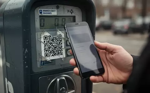 Eine Hand hält ein Smartphone, um einen manipulierten QR-Code an einer Parkuhr zu scannen. - Foto: über boerse-global.de
