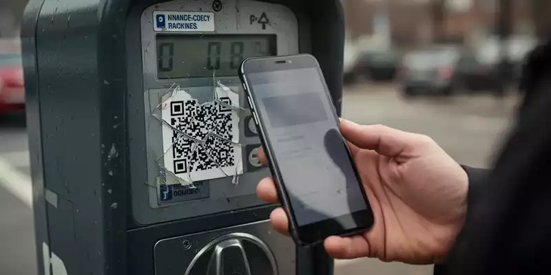 Eine Hand hält ein Smartphone, um einen manipulierten QR-Code an einer Parkuhr zu scannen. - Foto: über boerse-global.de