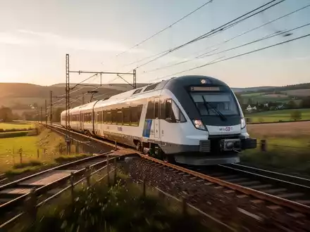 Ein moderner Regionalzug fährt durch eine ländliche Landschaft bei Sonnenuntergang. - Foto: über boerse-global.de