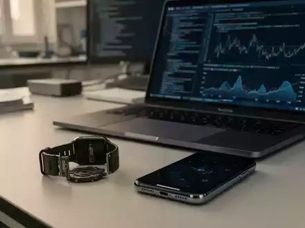 Ein zerlegtes Smartwatch-Gehäuse und ein Smartphone auf einem Labortisch mit komplexen Datensätzen auf einem Monitor. - Foto: über boerse-global.de