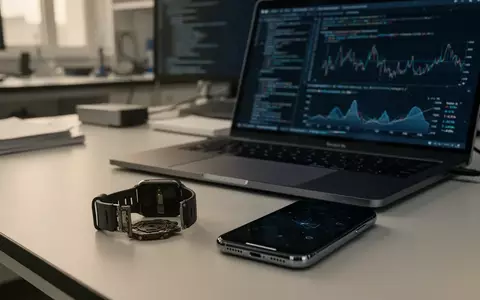 Ein zerlegtes Smartwatch-Gehäuse und ein Smartphone auf einem Labortisch mit komplexen Datensätzen auf einem Monitor. - Foto: über boerse-global.de