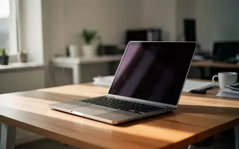 Ein moderner, aufgeräumter Arbeitsplatz mit einem aufgeklappten Laptop auf einem Holztisch bei natürlichem Tageslicht. - Foto: über boerse-global.de