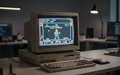 Ein alter Röhrenmonitor zeigt ein klassisches Videospiel in einer modernen Büroumgebung. - Foto: über boerse-global.de