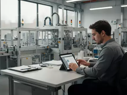Ein moderner, heller industrieller Arbeitsplatz mit ergonomischen Geräten und Blick auf eine Fertigungshalle. - Foto: über boerse-global.de