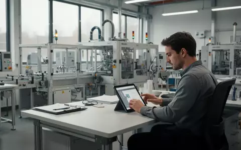Ein moderner, heller industrieller Arbeitsplatz mit ergonomischen Geräten und Blick auf eine Fertigungshalle. - Foto: über boerse-global.de