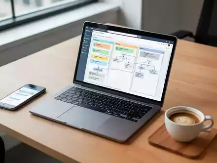 Ein moderner Büroarbeitsplatz mit einem Laptop, das Projektmanagement-Software und Workflow-Boards anzeigt. - Foto: über boerse-global.de