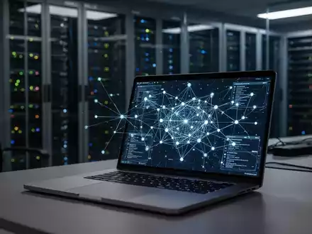 Ein beleuchteter Laptop in einem dunklen Büro zeigt eine digitale Netzwerkgrafik, im Hintergrund unscharfe Servertechnik. - Foto: über boerse-global.de
