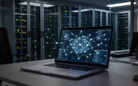 Ein beleuchteter Laptop in einem dunklen Büro zeigt eine digitale Netzwerkgrafik, im Hintergrund unscharfe Servertechnik. - Foto: über boerse-global.de