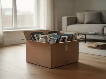 Ein minimalistischer Wohnraum mit einer ordentlich gepackten Umzugskiste auf einem hellen Holzboden bei natürlichem Tageslicht. - Foto: über boerse-global.de