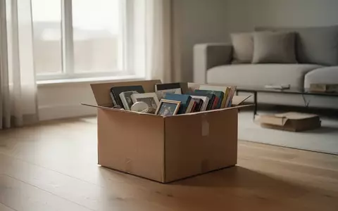 Ein minimalistischer Wohnraum mit einer ordentlich gepackten Umzugskiste auf einem hellen Holzboden bei natürlichem Tageslicht. - Foto: über boerse-global.de