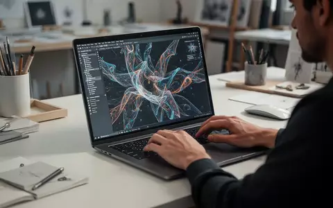 Eine Person arbeitet an einem Laptop in einem modernen Studio, während auf dem Bildschirm abstrakte digitale Grafiken zu sehen sind. - Foto: über boerse-global.de