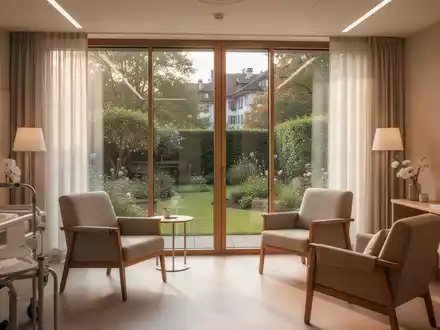 Ein lichtdurchflutetes, modern eingerichtetes Hospizzimmer mit Blick in einen Garten. - Foto: über boerse-global.de
