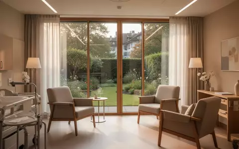 Ein lichtdurchflutetes, modern eingerichtetes Hospizzimmer mit Blick in einen Garten. - Foto: über boerse-global.de