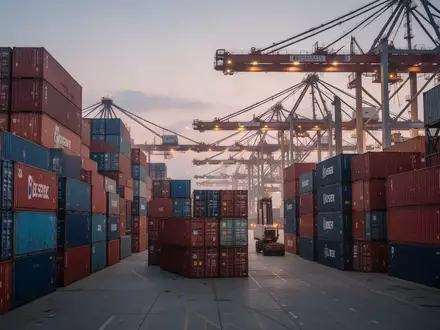 Ein geschäftiger Containerhafen bei Dämmerung mit hohen Kränen und gestapelten Frachtcontainern. - Foto: über boerse-global.de