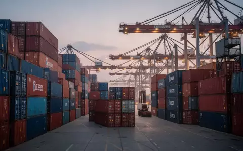 Ein geschäftiger Containerhafen bei Dämmerung mit hohen Kränen und gestapelten Frachtcontainern. - Foto: über boerse-global.de
