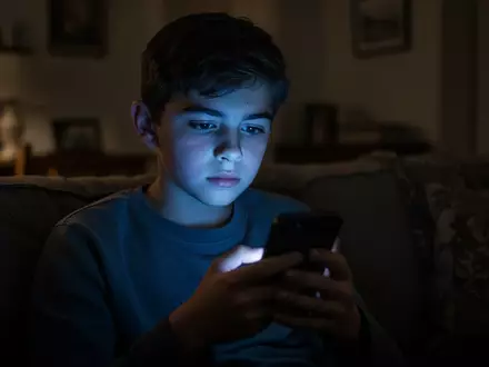 Ein Jugendlicher schaut in einem abgedunkelten Raum auf ein leuchtendes Smartphone, wobei sein Gesicht vom blauen Licht erhellt wird. - Foto: über boerse-global.de