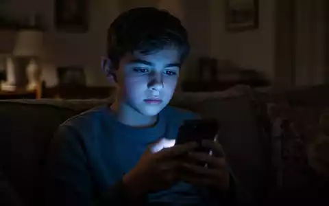 Ein Jugendlicher schaut in einem abgedunkelten Raum auf ein leuchtendes Smartphone, wobei sein Gesicht vom blauen Licht erhellt wird. - Foto: über boerse-global.de