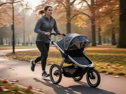 Eine Person joggt auf einem Parkweg und schiebt einen Sportkinderwagen, während die Morgensonne durch die Bäume scheint. - Foto: über boerse-global.de