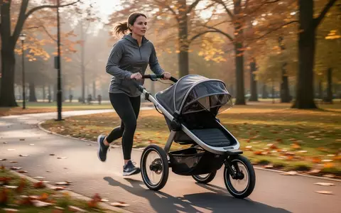 Eine Person joggt auf einem Parkweg und schiebt einen Sportkinderwagen, während die Morgensonne durch die Bäume scheint. - Foto: über boerse-global.de
