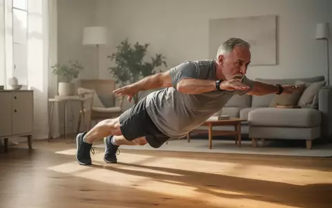 Ein sportlicher Mann über 50 führt in einem hellen, minimalistischen Wohnzimmer eine Körpergewichtsübung aus. - Foto: über boerse-global.de