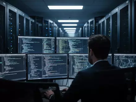 Ein Cybersicherheitsexperte arbeitet in einem abgedunkelten Serverraum an der Analyse von Netzwerkverkehr auf Bildschirmen. - Foto: über boerse-global.de