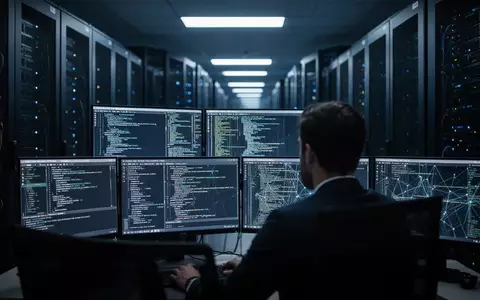 Ein Cybersicherheitsexperte arbeitet in einem abgedunkelten Serverraum an der Analyse von Netzwerkverkehr auf Bildschirmen. - Foto: über boerse-global.de