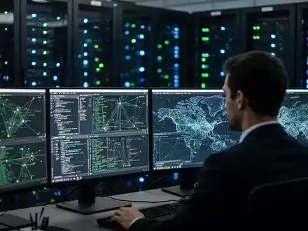 Ein IT-Sicherheitsexperte arbeitet in einem abgedunkelten Serverraum an der Analyse komplexer digitaler Netzwerkstrukturen. - Foto: über boerse-global.de