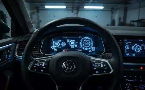 Modernes Fahrzeugcockpit mit leuchtenden digitalen Anzeigen in einer Werkstatt. - Foto: über boerse-global.de