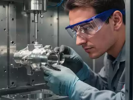 Ein Techniker in Schutzkleidung prüft ein Metallbauteil in einer industriellen 3D-Druck-Anlage. - Foto: über boerse-global.de